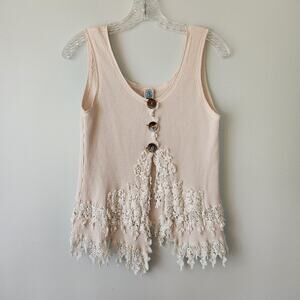 Gracie Collection Tank Top Women's O/S Tan Waffle Knit Crochet Fringe Hem Boho